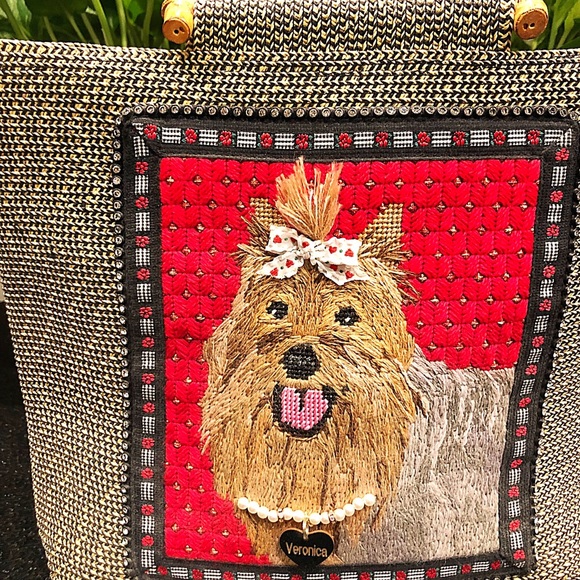Yorkie Needlepoint Tote with Bamboo Handles, Handmade, NEW! - Picture 2 of 7